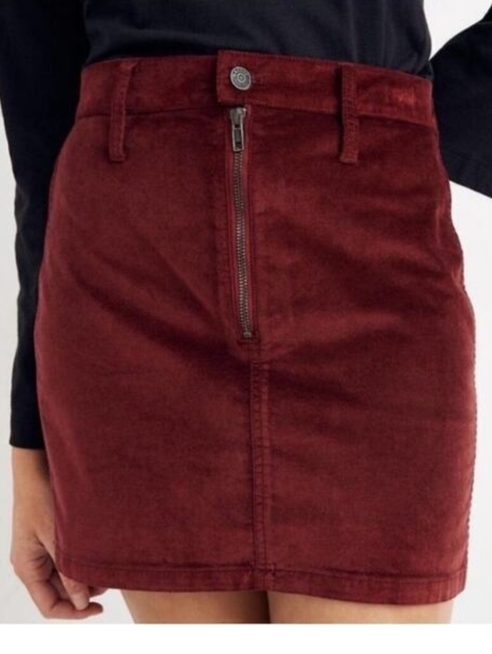 Madewell Berry Red Stretch Denim Mini Skirt Size 28 Front Zip